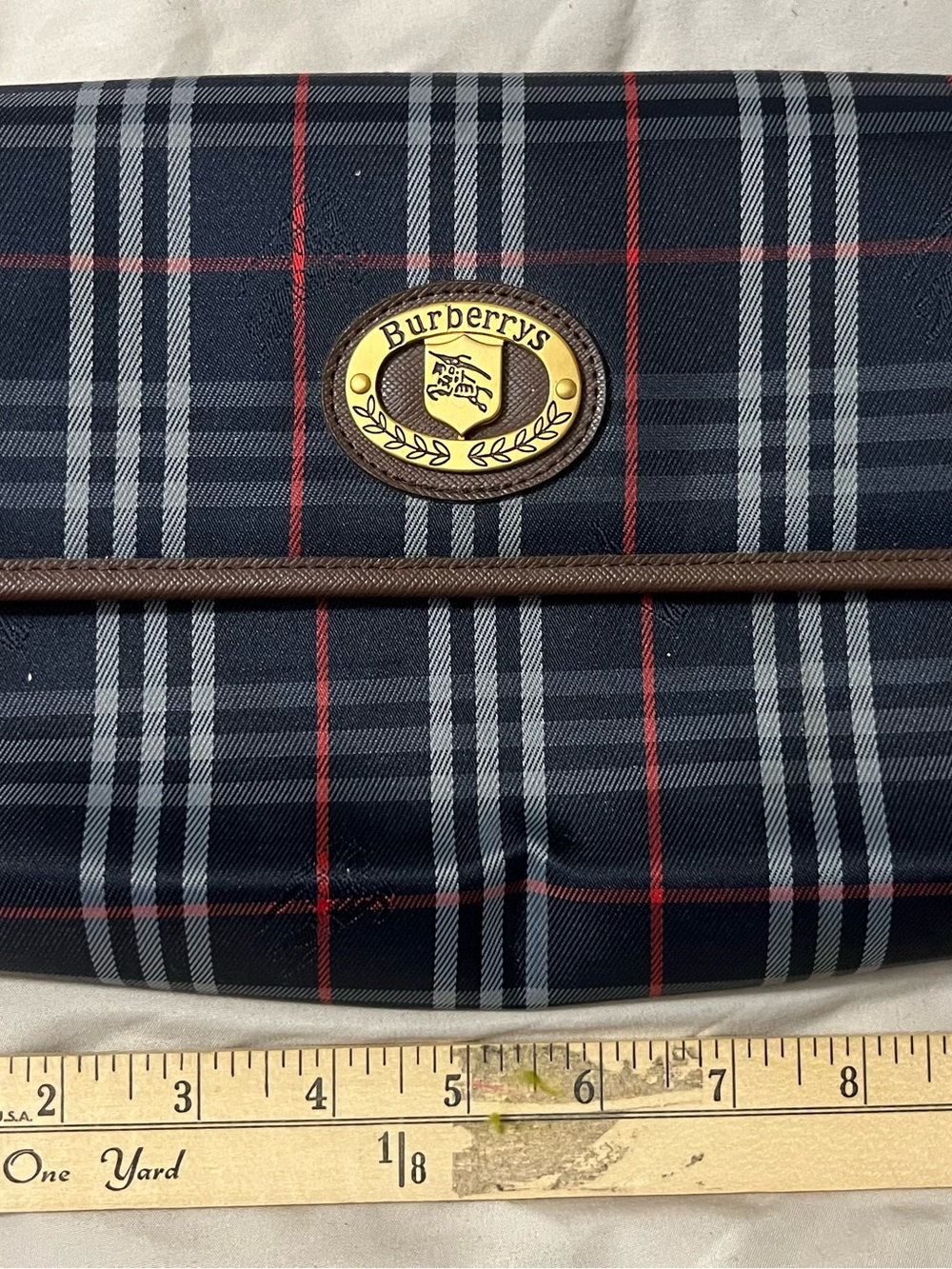 Burberry Navy Plaid Clutch Bag with Gold Emblem - Picture 7 of 7